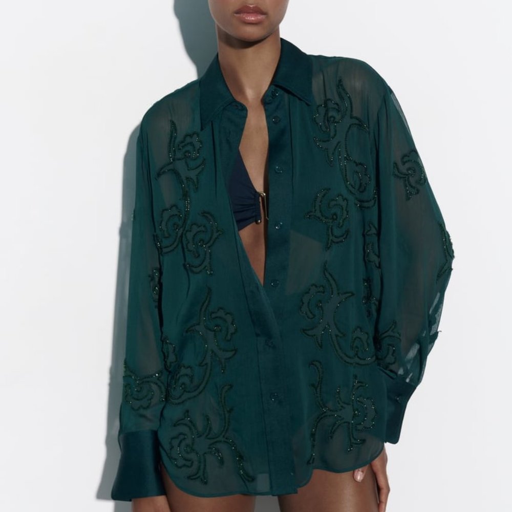 NWT EMBROIDERED SEMI-SHEER DARK GREEN BLOUSE